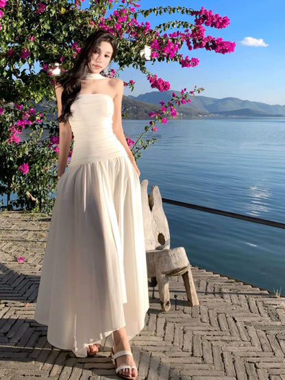 Sexy A Line Strapless White Chiffon With Ruffled Scarf Date Floor Length Night Birthday Outfit Formal Prom Dresses RB5671