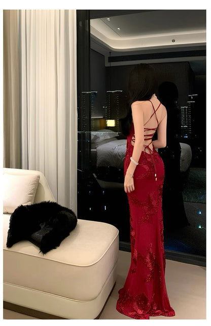 Mystical Mermaid Spaghetti Strap Red Lace Backless Date Night Outfits Formal Prom Gown 18th Birthday Dresses RB5673