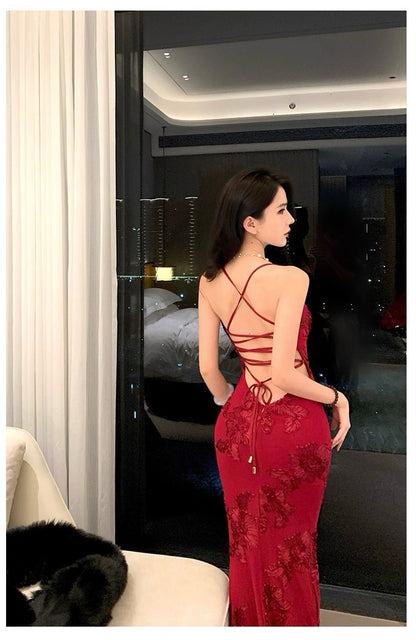 Mystical Mermaid Spaghetti Strap Red Lace Backless Date Night Outfits Formal Prom Gown 18th Birthday Dresses RB5673