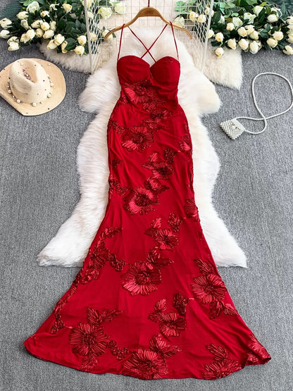 Mystical Mermaid Spaghetti Strap Red Lace Backless Date Night Outfits Formal Prom Gown 18th Birthday Dresses RB5673