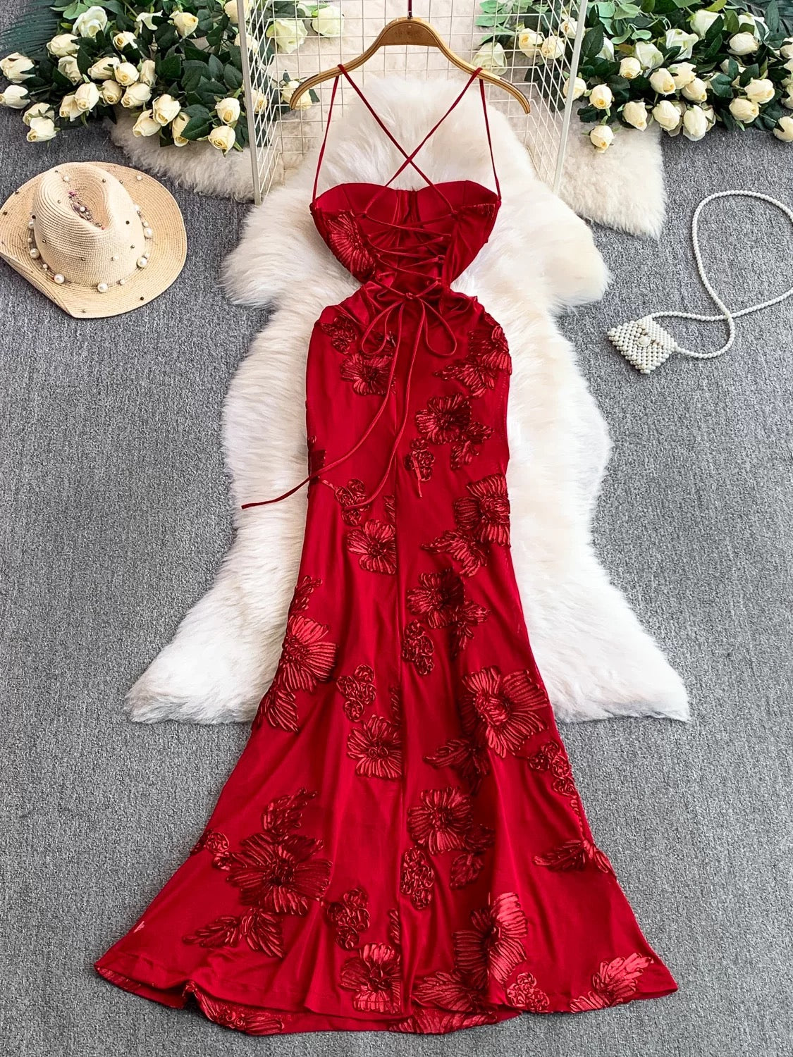 Mystical Mermaid Spaghetti Strap Red Lace Backless Date Night Outfits Formal Prom Gown 18th Birthday Dresses RB5673
