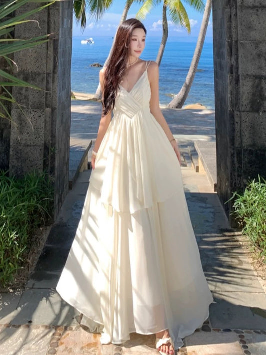 Mystical A Line Spaghetti Strap White Chiffon Long Date Night Outfits Formal Prom Gown 18th Birthday Dresses RB5675
