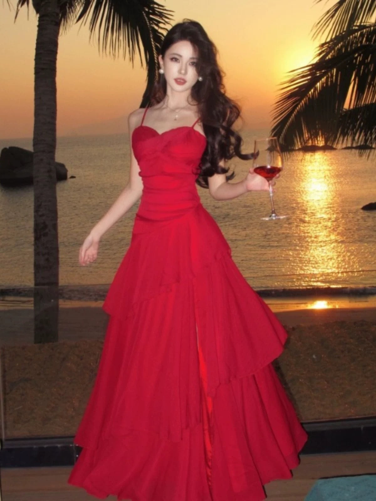 Sexy Mermaid Spaghetti Strap Red Chiffon With Ruffled Date Floor Length Night Birthday Outfit Formal Prom Dresses RB5678