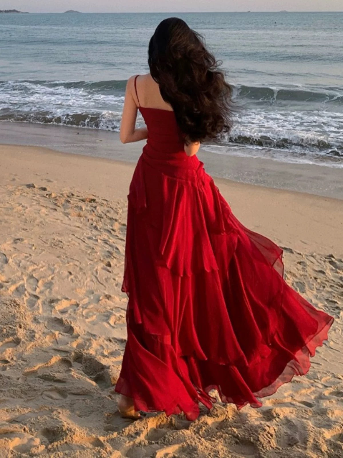 Mystical Mermaid Spaghetti Strap Red Chiffon Date Night Evening Birthday Outfit Formal Prom Dresses RB5677