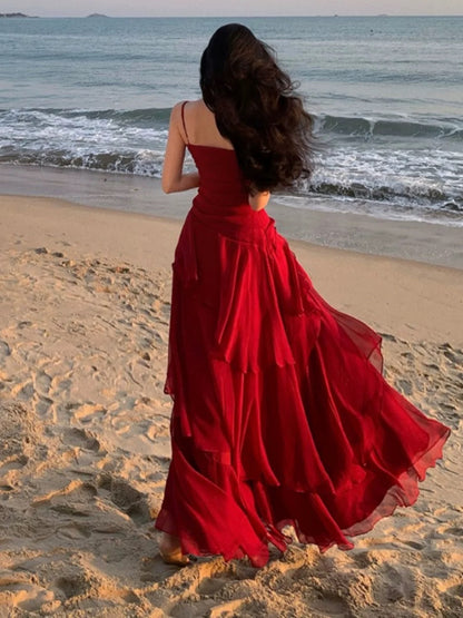 Sexy Mermaid Spaghetti Strap Red Chiffon With Ruffled Date Floor Length Night Birthday Outfit Formal Prom Dresses RB5678