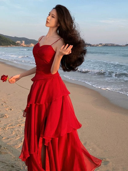 Mystical Mermaid Spaghetti Strap Red Chiffon Date Night Evening Birthday Outfit Formal Prom Dresses RB5677