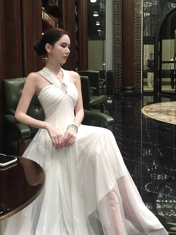 Mystical A Line Halter White Chiffon Ankle Length Date Night Outfits Formal Prom Gown 18th Birthday Dresses RB5676