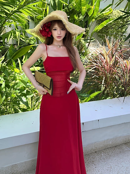 Mystical A Line Spaghetti Strap Red Chiffon Floor Length Date Night Outfits Formal Prom Gown 18th Birthday Dresses RB5680