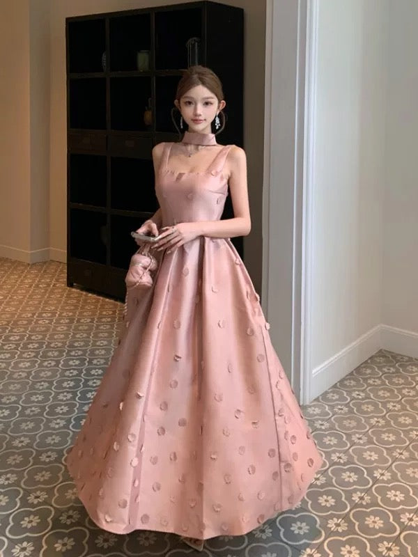 Modest A line Square Neck Pink Satin Sleeveless Date Night Outfits Formal Prom Gown 19th Birthday Dresses RB5691