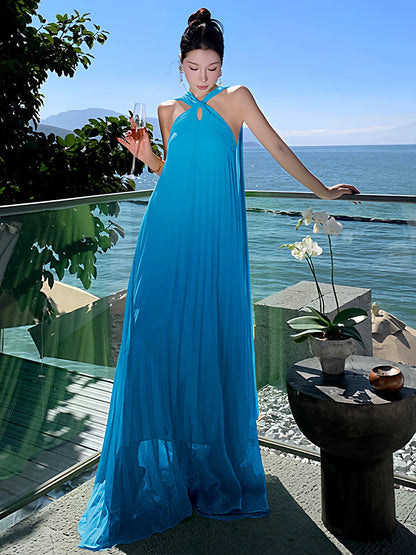 Mystical A Line Halter Blue Chiffon With Scarf Floor Length Date Night Outfits Formal Gown 18th Birthday Dresses RB5685