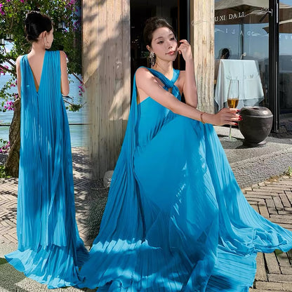 Mystical A Line Halter Blue Chiffon With Scarf Floor Length Date Night Outfits Formal Gown 18th Birthday Dresses RB5685