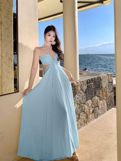 Modest A line Halter Light Sky Blue Chiffon Sleeveless Date Night Outfits Formal Prom Gown 19th Birthday Dresses RB5692