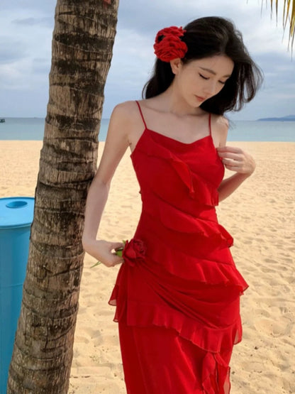 Mystical Mermaid Spaghetti Strap Red Chiffon Sleeveless Date Night Outfits Formal Prom Gown 19th Birthday Dresses RB5690