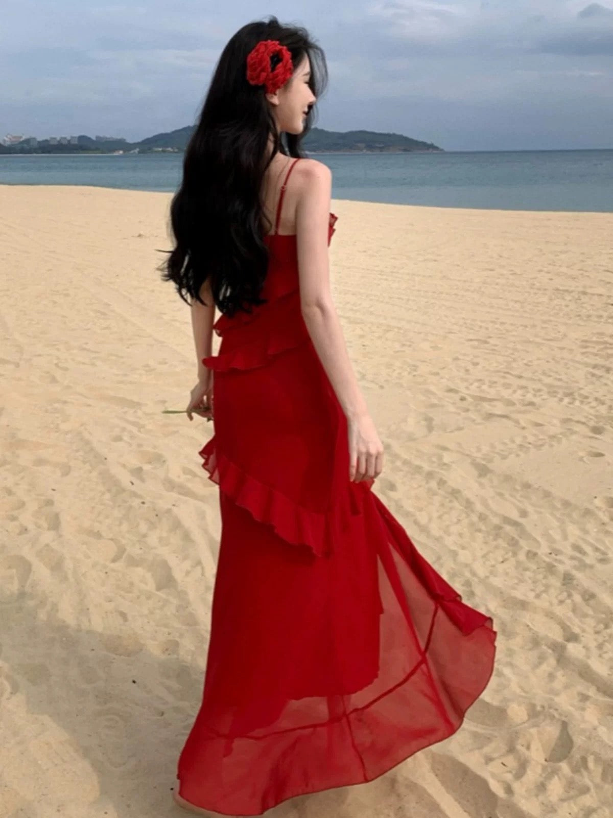Mystical Mermaid Spaghetti Strap Red Chiffon Sleeveless Date Night Outfits Formal Prom Gown 19th Birthday Dresses RB5690