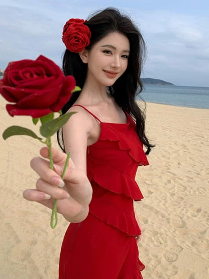 Mystical Mermaid Spaghetti Strap Red Chiffon Sleeveless Date Night Outfits Formal Prom Gown 19th Birthday Dresses RB5690