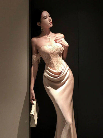 Sexy Mermaid Off The Shoulder Satin Lace With Sleeve Date Night Birthday Outfit Formal Prom Dresses RB5693
