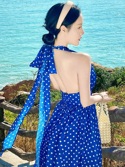 Sexy A line Halter Royal Blue Polka Dots Midi Length Date Night Birthday Outfits Formal Prom Dresses RB5694
