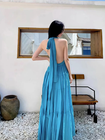 Mystical A line Halter Backless Blue Chiffon Date Night Evening Birthday Outfit Formal Prom Dresses RB5695