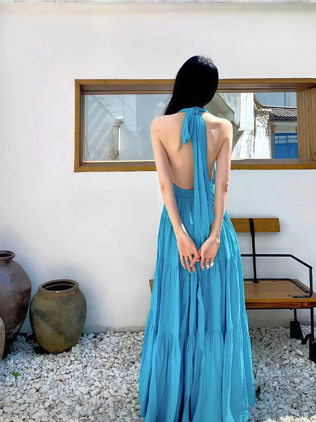 Mystical A line Halter Backless Blue Chiffon Date Night Evening Birthday Outfit Formal Prom Dresses RB5695