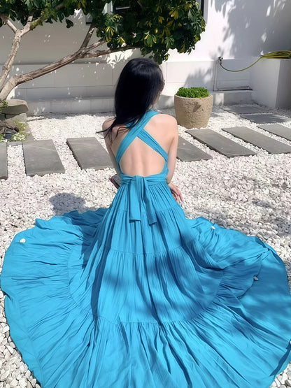 Mystical A line Halter Backless Blue Chiffon Date Night Evening Birthday Outfit Formal Prom Dresses RB5695