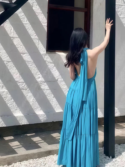 Mystical A line Halter Backless Blue Chiffon Date Night Evening Birthday Outfit Formal Prom Dresses RB5695