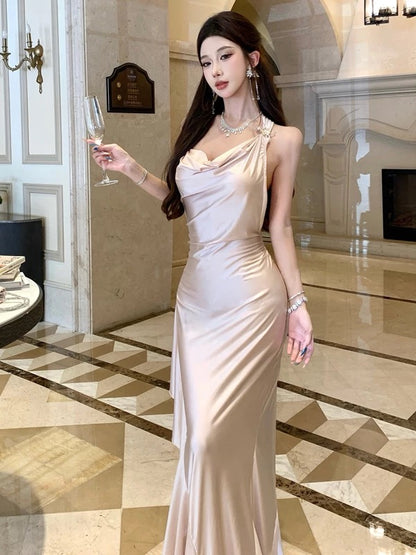 Modest Mermaid Halter Pink Satin Backless Sleeveless Date Night Outfits Formal Prom Gown 19th Birthday Dresses RB5696