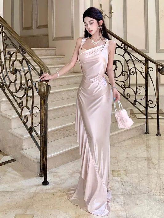 Modest Mermaid Halter Pink Satin Backless Sleeveless Date Night Outfits Formal Prom Gown 19th Birthday Dresses RB5696