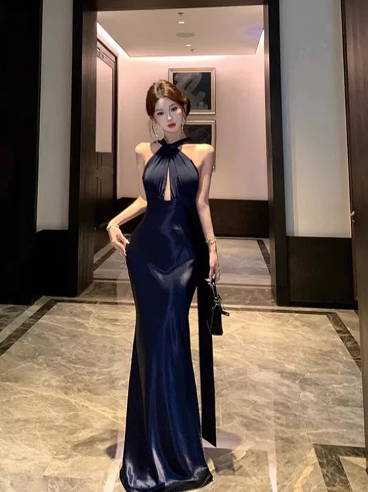 Sexy Mermaid Halter Navy Blue Satin Floor Length Date Night Birthday Outfits Formal Prom Dresses RB5696