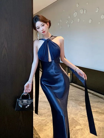 Sexy Mermaid Halter Navy Blue Satin Floor Length Date Night Birthday Outfits Formal Prom Dresses RB5696