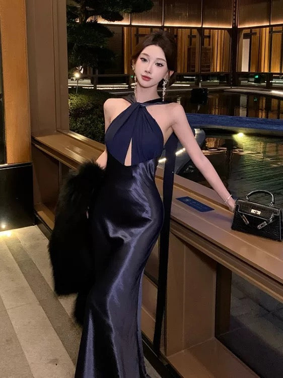 Sexy Mermaid Halter Navy Blue Satin Floor Length Date Night Birthday Outfits Formal Prom Dresses RB5696