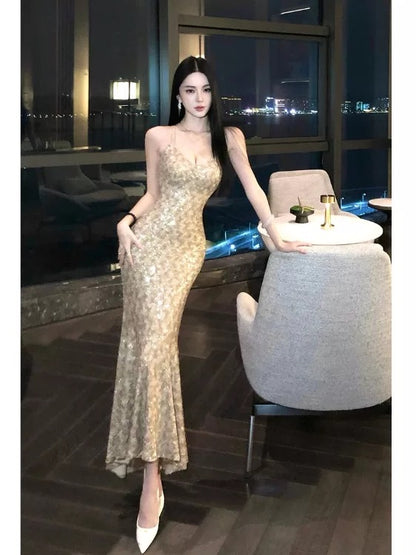 Sexy Mermaid Halter Gold Sequin Ankle Length Date Night 18th Birthday Outfits Formal Prom Dresses RB5697