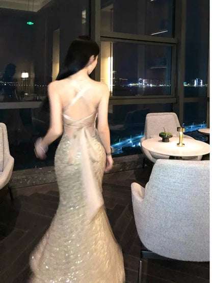 Sexy Mermaid Halter Gold Sequin Ankle Length Date Night 18th Birthday Outfits Formal Prom Dresses RB5697