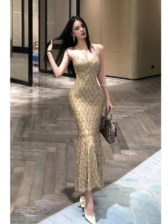 Sexy Mermaid Halter Gold Sequin Ankle Length Date Night 18th Birthday Outfits Formal Prom Dresses RB5697