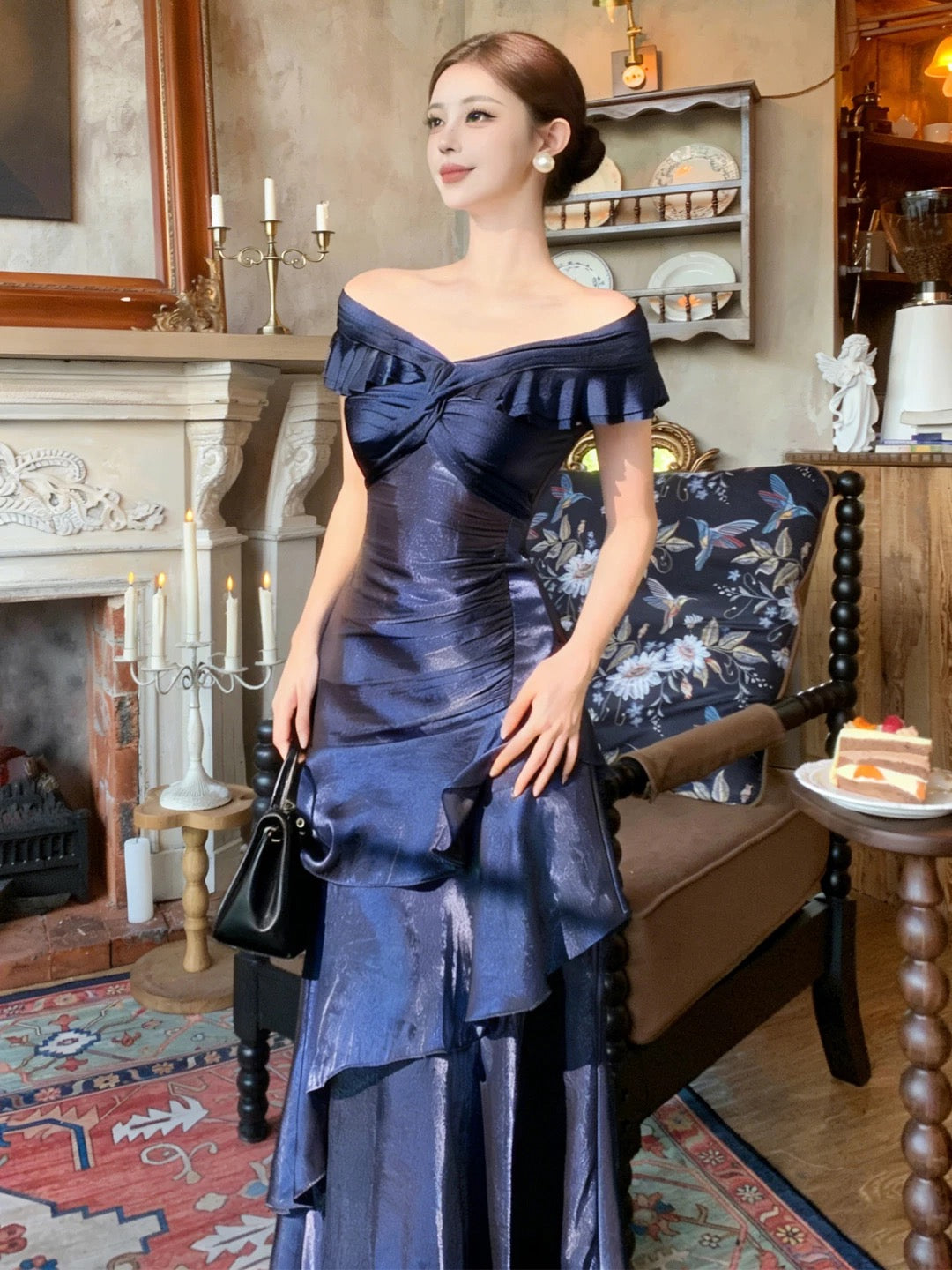 Ethereal Women's Mermaid Off The Shoulder Navy Blue Maxi Dress Date Night Outfits Outdoor Semi Formal Wedding Guest Dresses RB5119