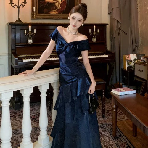 Sexy Mermaid Off The Shoulder Navy Blue With Ruffled Date Night Outfits Semi Formal Evening Wedding Guest Dresses RB5365
