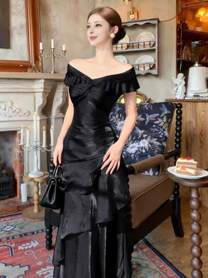 Sexy Mermaid Off The Shoulder Navy Blue With Ruffled Date Night Outfits Semi Formal Evening Wedding Guest Dresses RB5365