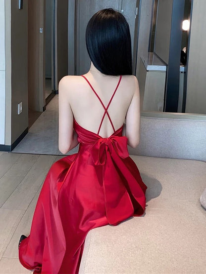 Sexy A Line Spaghetti Strap Red With Backless Midi Date Night Outfits Semi Formal Evening Wedding Guest Dresses RB5366