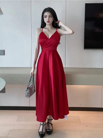 Sexy A Line Spaghetti Strap Red With Backless Midi Date Night Outfits Semi Formal Evening Wedding Guest Dresses RB5366