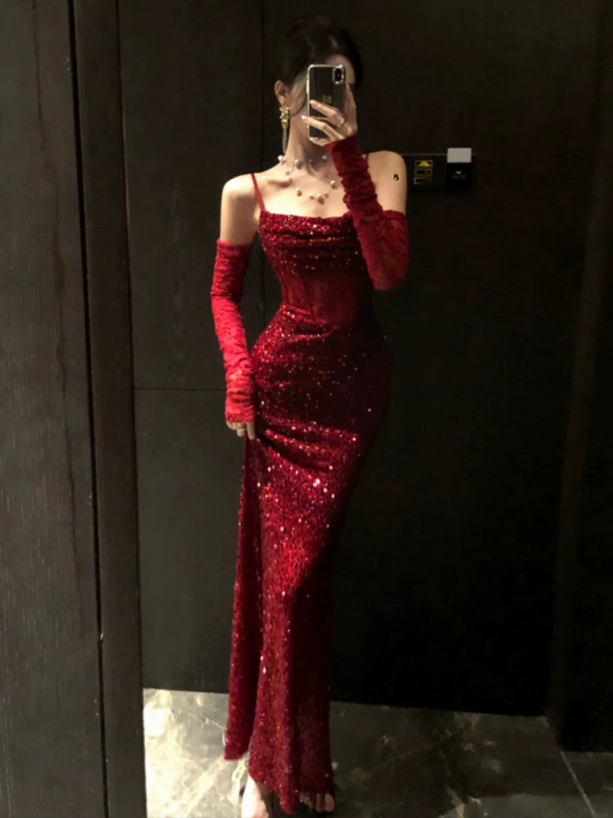 Sexy Mermaid Spaghetti Strap Red Sequin Date With Gloves Night Evening Outfit Formal Prom Dresses RB5368