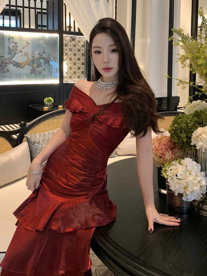 French Style Mermaid Off The Shoulder Burgundy Date With Ruffled Night Evening Outfit Formal Prom Dresses RB5376
