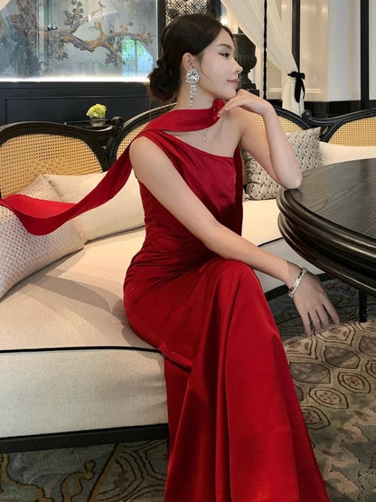 Sexy Mermaid One Shoulder Red With Ruffled Scarf Date Night Outfits Semi Formal Prom Wedding Guest Dresses RB5377