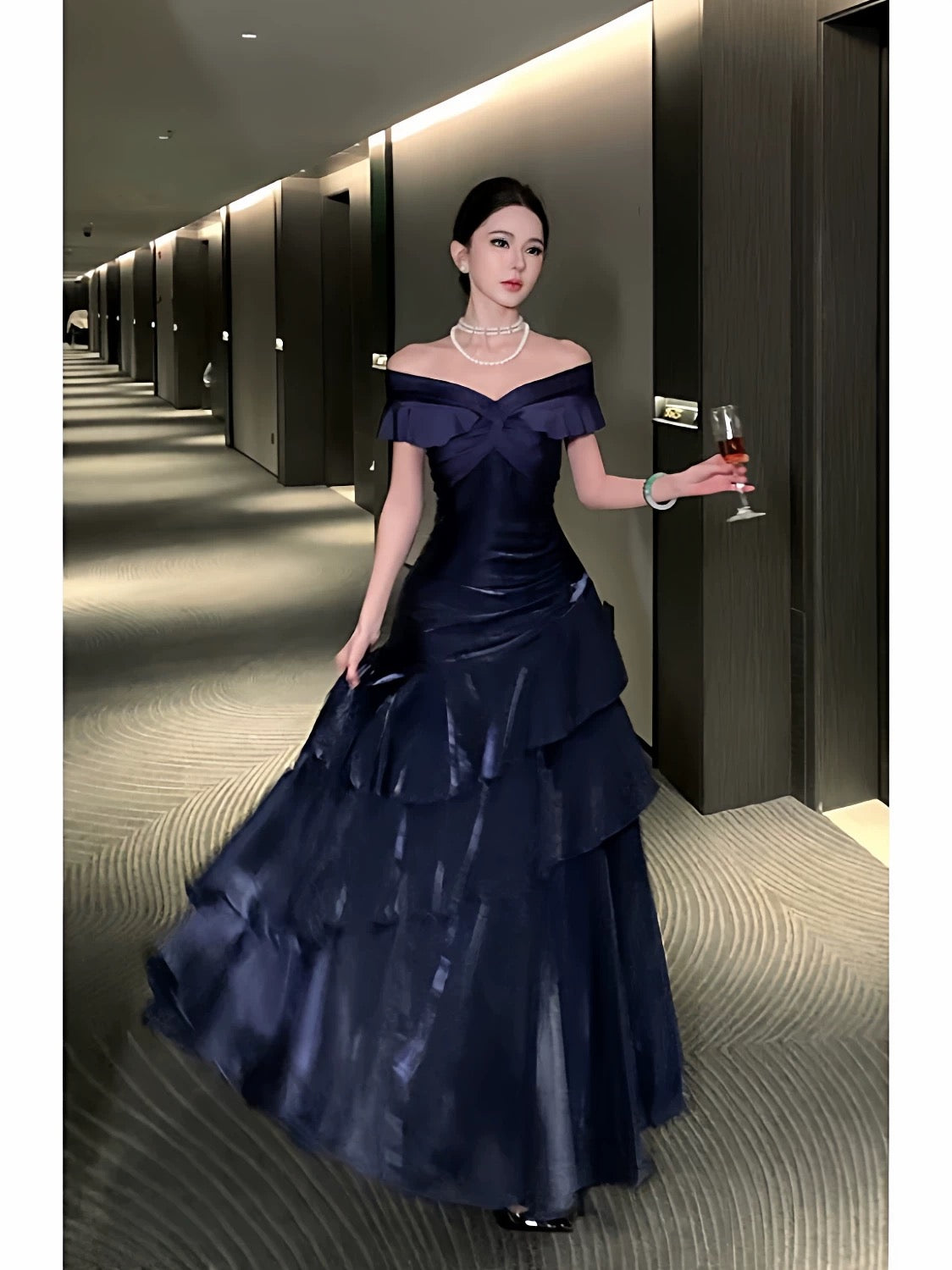 Sexy Mermaid Off The Shoulder Navy Blue With Ruffled Date Night Outfits Long Formal Evening Wedding Guest Dresses RB5379