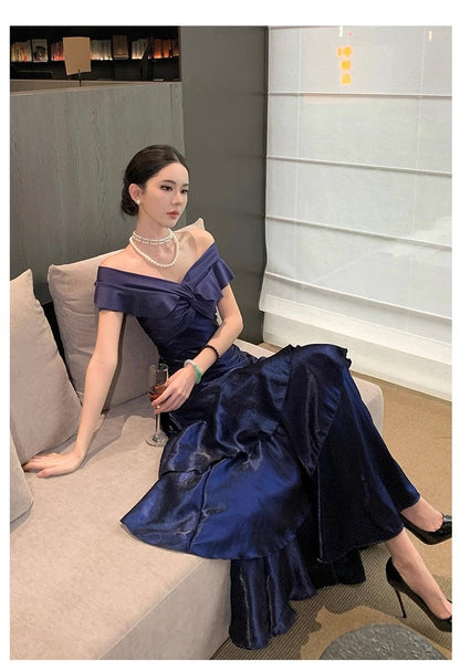 French Style Mermaid Off The Shoulder Navy Blue Date With Ruffled Night Evening Outfit Formal Prom Dresses RB5380