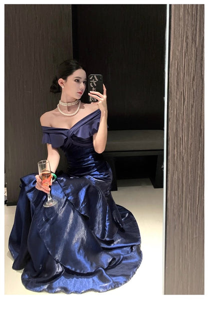 French Style Mermaid Off The Shoulder Navy Blue Date With Ruffled Night Evening Outfit Formal Prom Dresses RB5380