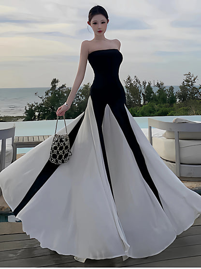 Sexy A line Black Tie Dress Strapless White Long Chiffon Date Night Outfits Semi Formal Prom Wedding Guest Dresses RB5381