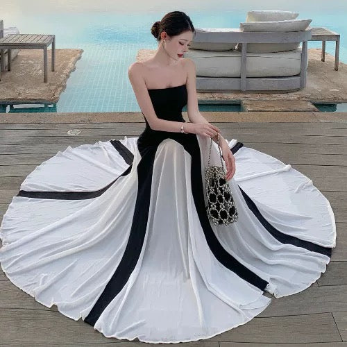 Sexy A line Black Tie Dress Strapless White Long Chiffon Date Night Outfits Semi Formal Prom Wedding Guest Dresses RB5381