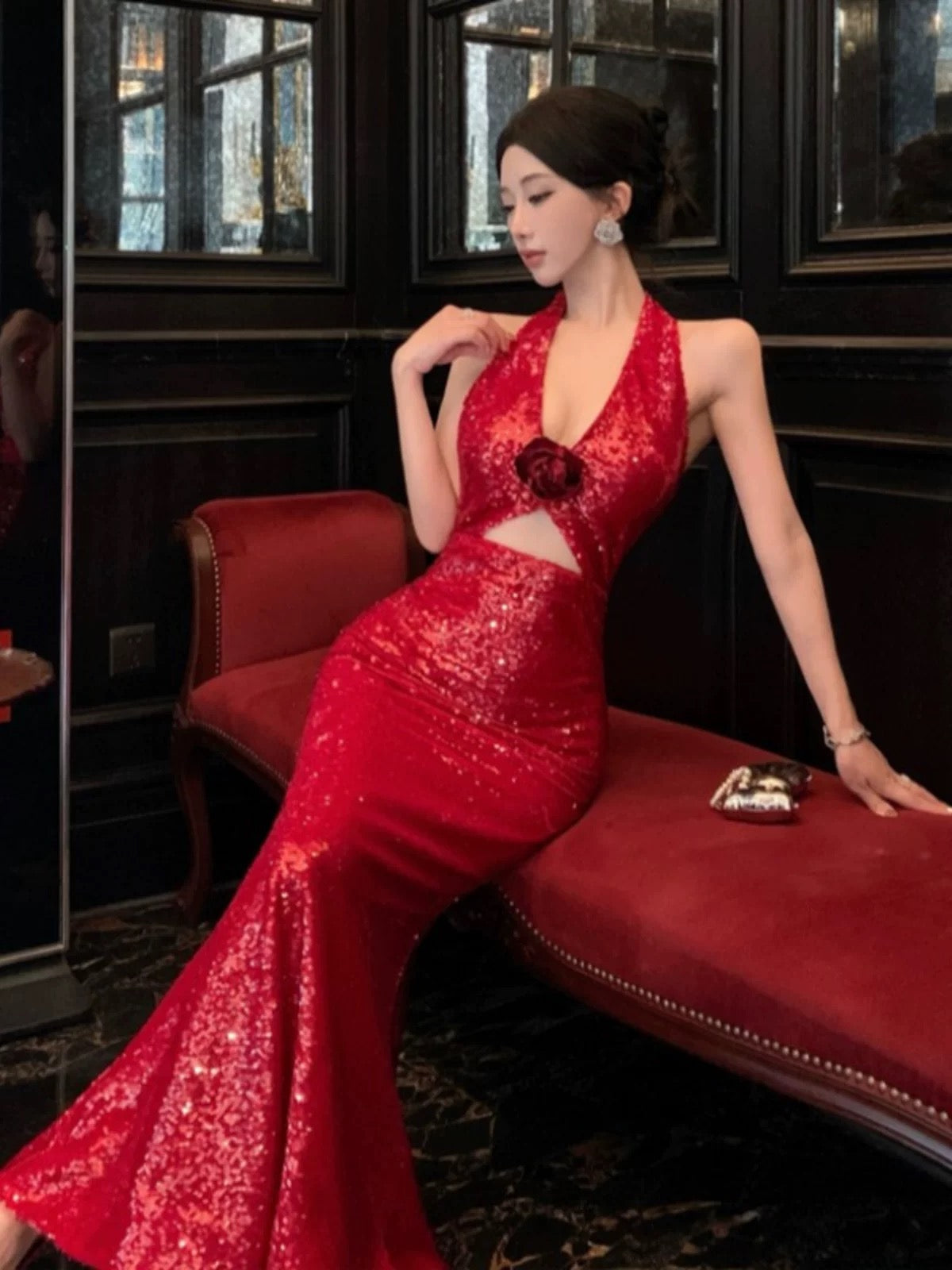 Simple Mermaid Halter Red Sequin Cruise Ship Formal Night Evening Dresses 20th Birthday Outfit RB5593