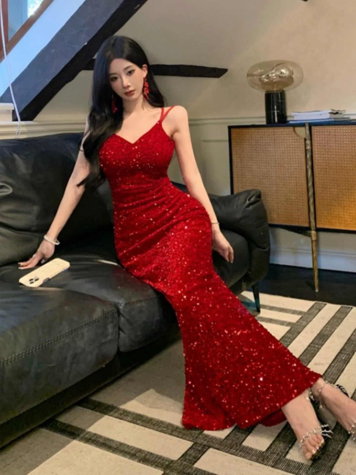 Sparkly Mermaid Spaghetti Strap Red Sequin Cruise Ship Formal Night Evening Dresses 18th Birthday Outfit RB5594