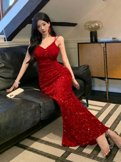 Sparkly Mermaid Spaghetti Strap Red Sequin Cruise Ship Formal Night Evening Dresses 18th Birthday Outfit RB5594