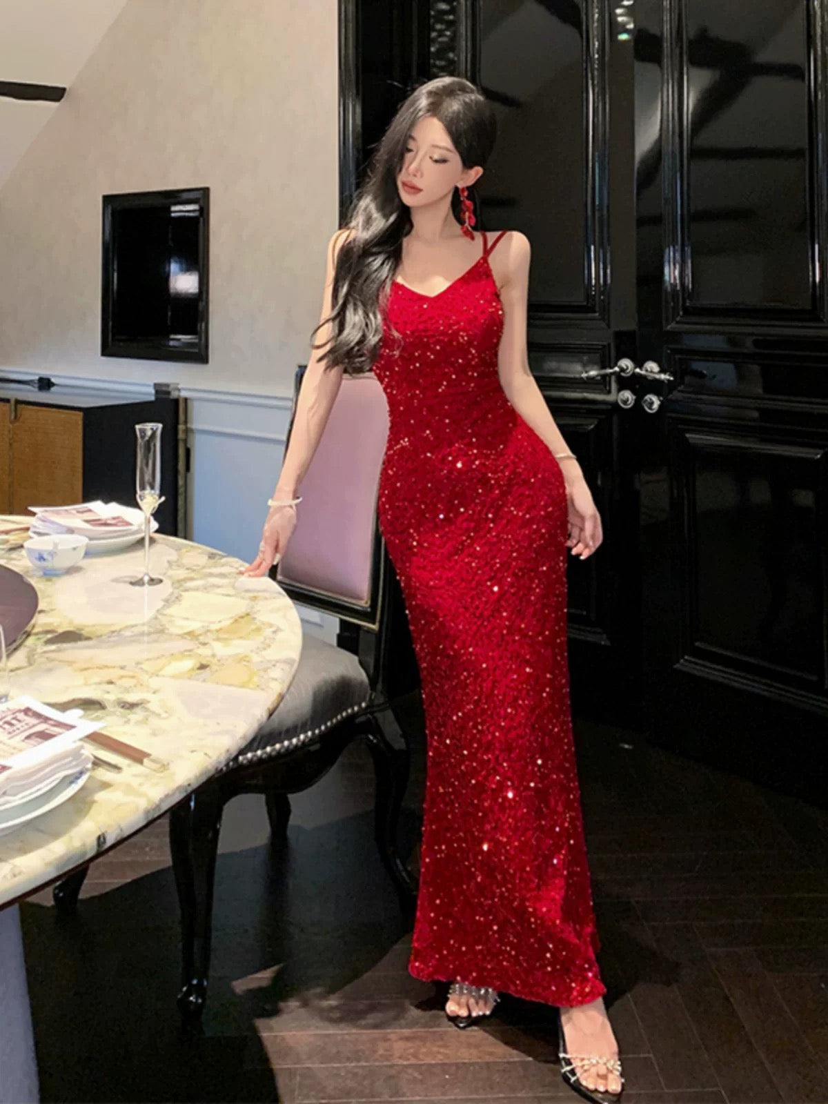 Sparkly Mermaid Spaghetti Strap Red Sequin Cruise Ship Formal Night Evening Dresses 18th Birthday Outfit RB5594